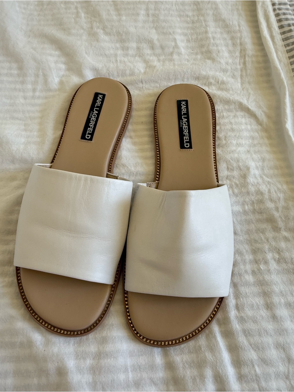 Karl Lagerfeld White Slide Sandals with Wide Leather Upper